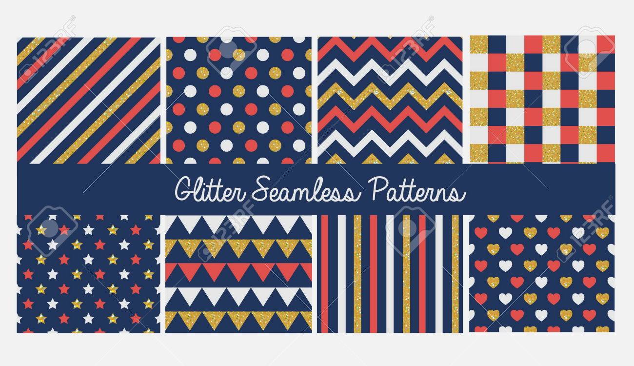 キラキラ要素とシームレスなシンプルなかわいい赤ちゃんパターンのセットです 白 赤 金色の星が含まれています 聞いて ストライプ 千鳥 フラグ ドット 白い背景にプリーツのイラスト素材 ベクタ Image
