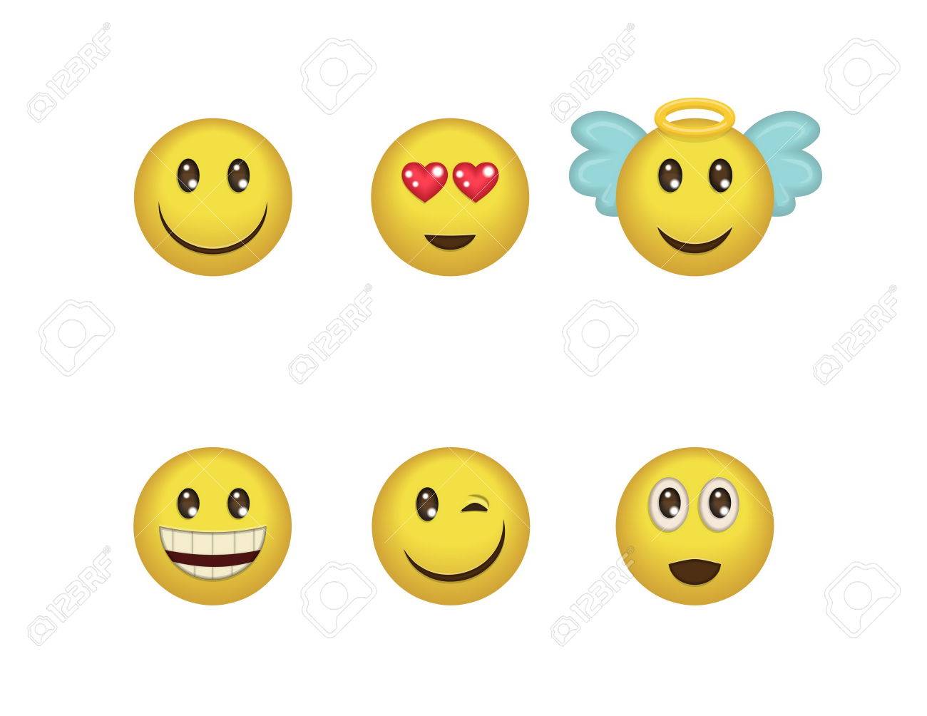A set of fun positive emoticon expressions. Smile, wink, angel, surprised, in love, laugh smileys included - 52472312 A set of fun positive emoticon expressions. Smile, wink, angel, surprised, in love, laugh smileys included - 52472312