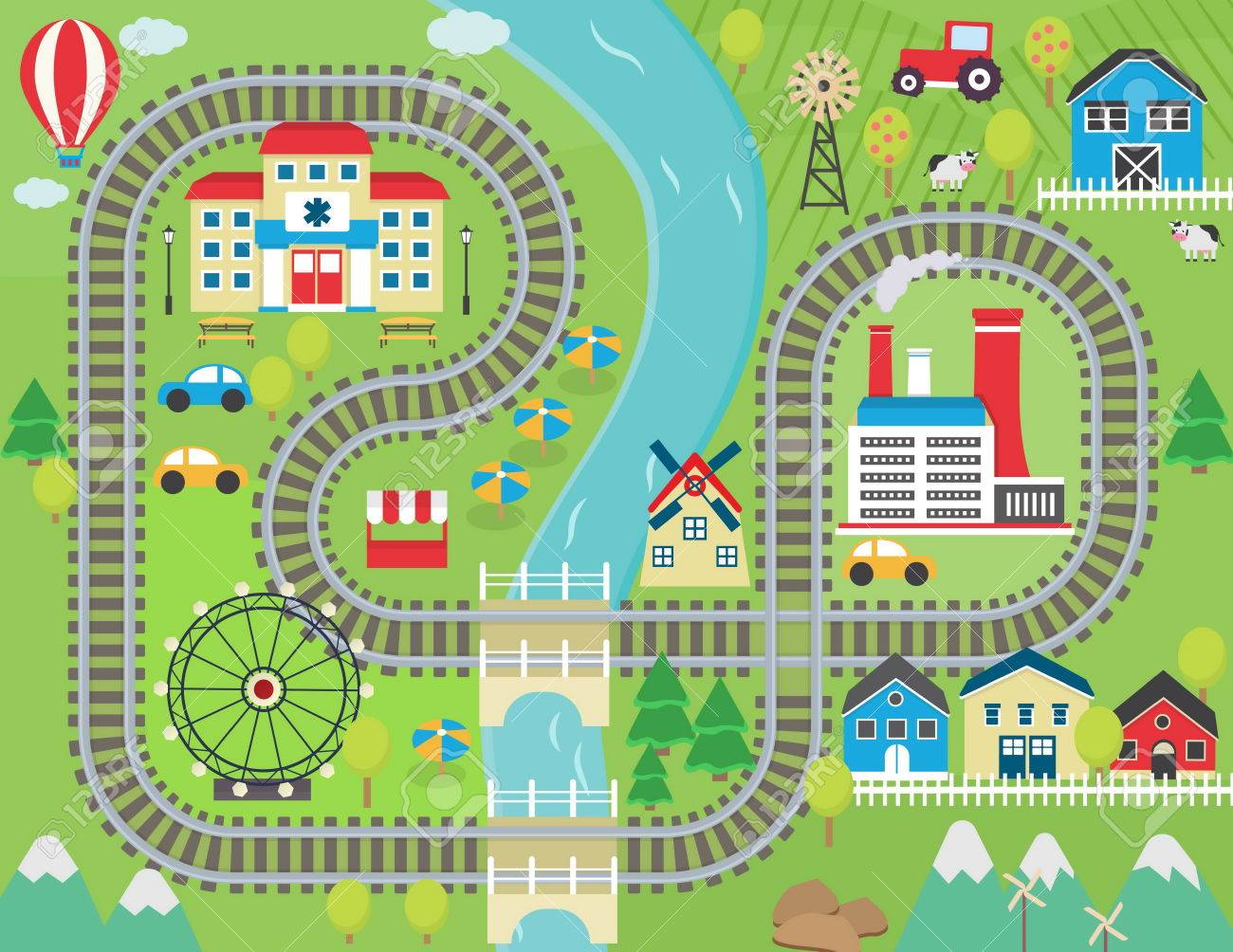 Precioso Paisaje De La Ciudad Alfombra De Juego Vía Del Tren Precioso Paisaje De La Ciudad Alfombra De Juego Pista De