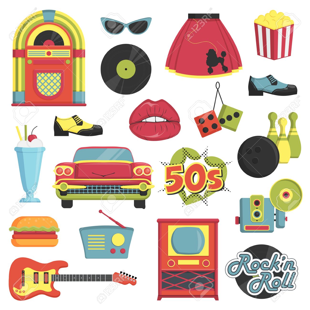 Collection of vintage retro 1950s style items that symbolize the 50s decade fashion accessories, style attributes, leisure items and innovations. - 61879223 Collection of vintage retro 1950s style items that symbolize the 50s decade fashion accessories, style attributes, leisure items and innovations. - 61879223