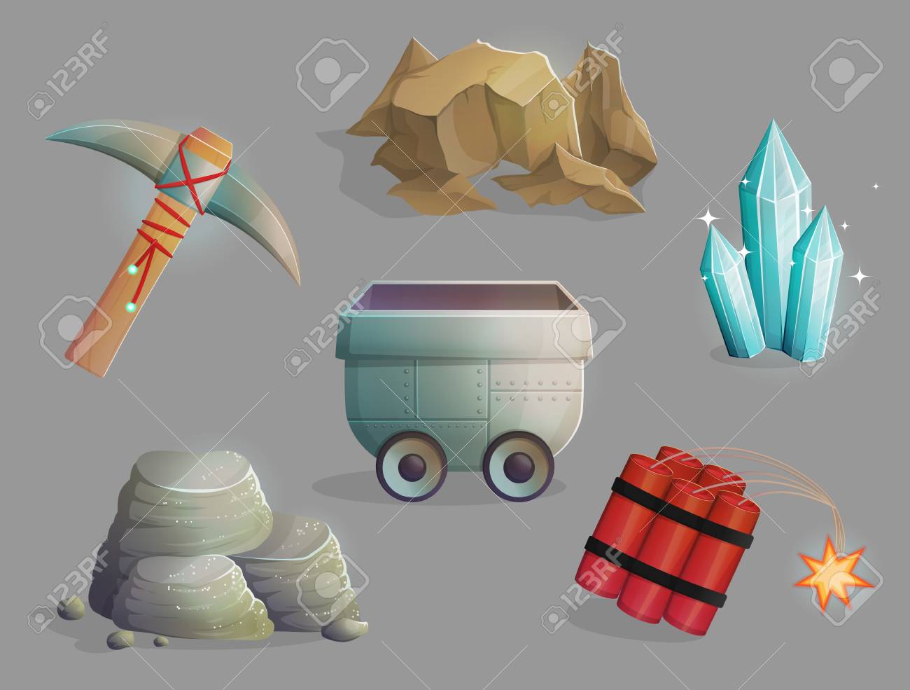 探査 天然資源の採掘 ツールと機器 鉄鉱石 宝石 Dinamite トロリー つるはしのセットです ゲームとアプリの Ui アイコン のイラスト素材 ベクタ Image