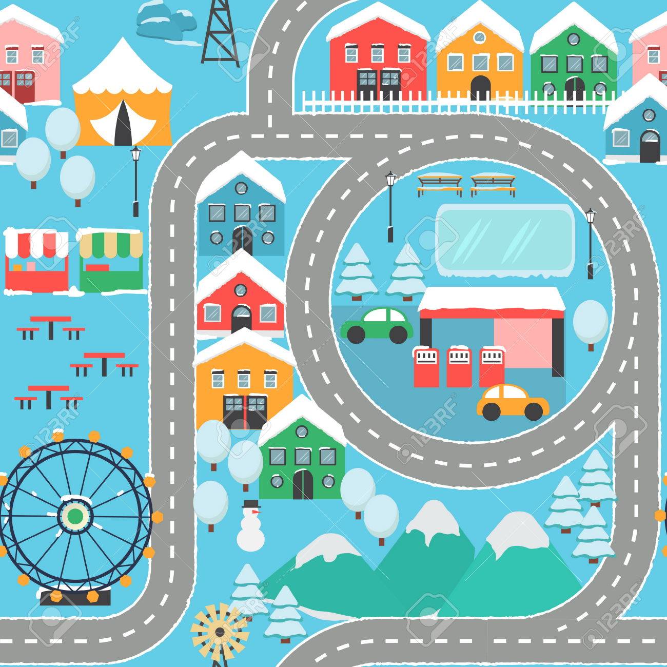 Paisaje De La Ciudad Encantadora Nieve Pista De Coches Sin Precioso Paisaje De La Ciudad Alfombra De Juego Pista De