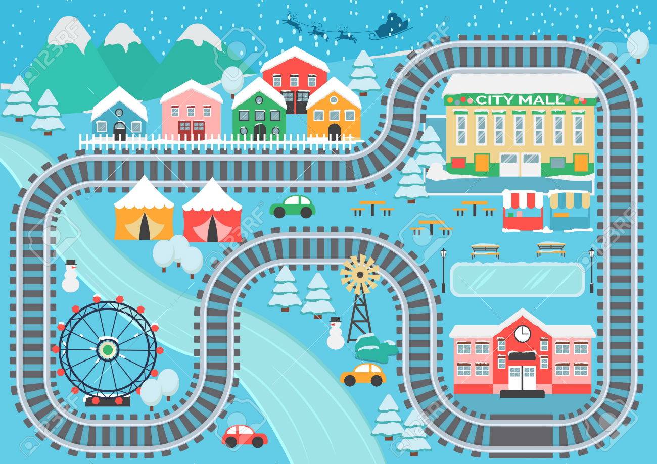 Lovely snowy city landscape train railroad play mat for children activity and entertainment. - 77020892 Lovely snowy city landscape train railroad play mat for children activity and entertainment. - 77020892