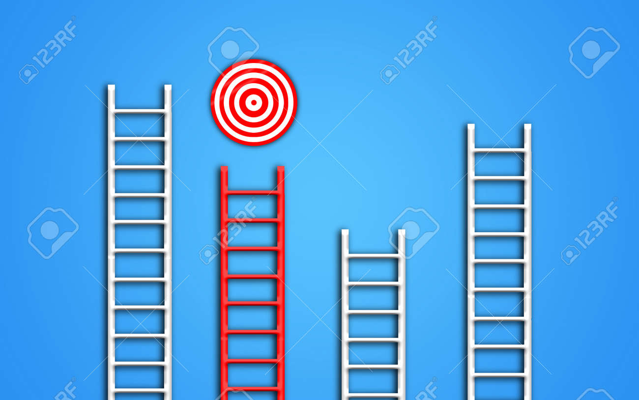 Stand out of the crowd and think different creative concept idea. red ladder targeting the right goal while other ladders (crowd) are just lost. conceptuel illustration - 166651974 Stand out of the crowd and think different creative concept idea. red ladder targeting the right goal while other ladders (crowd) are just lost. conceptuel illustration - 166651974