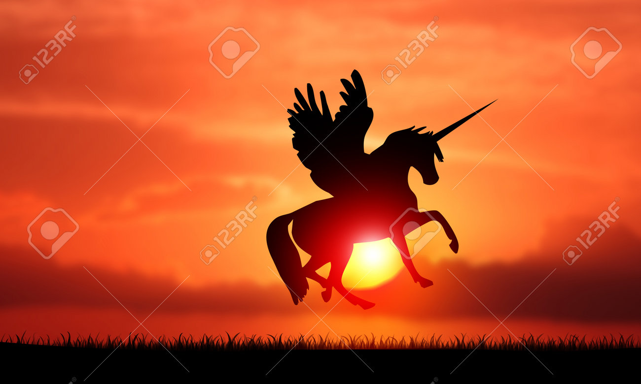 Horse With Wings And Horn Pegasus Unicorn Flying On Sky Sunset. Stock  Photo, Picture and Royalty Free Image. Image 196816884.