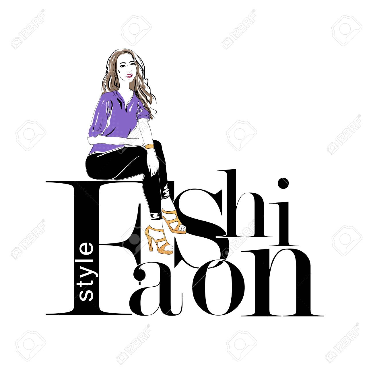 Beautiful young woman sitting on a letter Fashion style. Fashion girl, Stylish woman. Sketch. Vector illustration. EPS 10 - 127721107 Beautiful young woman sitting on a letter Fashion style. Fashion girl, Stylish woman. Sketch. Vector illustration. EPS 10 - 127721107