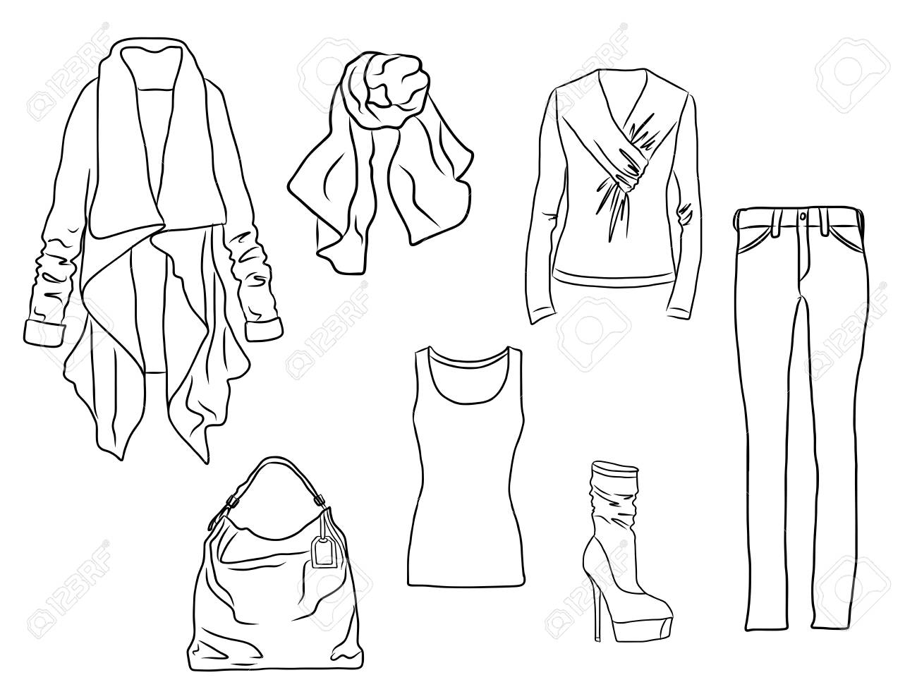 Vector stylish fashion set of woman s autumn, spring or winter clothes and accessories. Casual silhouette outfit with sweater, trousers, coat, scarf, bag, shirt and boots. EPS8 - 127711544 Vector stylish fashion set of woman s autumn, spring or winter clothes and accessories. Casual silhouette outfit with sweater, trousers, coat, scarf, bag, shirt and boots. EPS8 - 127711544