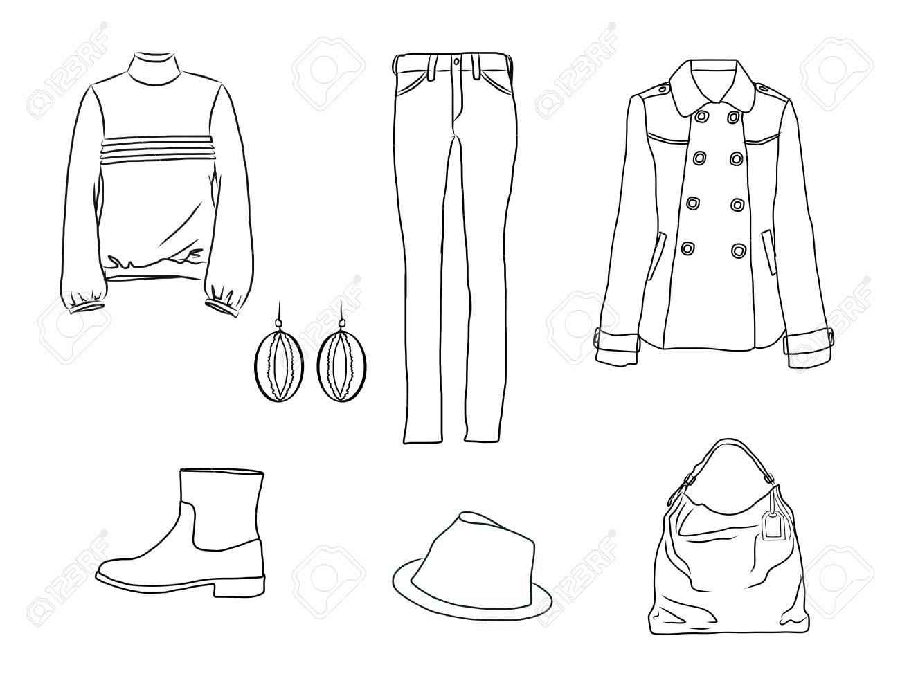 Vector stylish fashion set of woman autumn, spring or winter clothes and accessories. Casual silhouette outfit with jeans, sweater, coat, hat, bag, earrings and boots. EPS8 - 127711556 Vector stylish fashion set of woman autumn, spring or winter clothes and accessories. Casual silhouette outfit with jeans, sweater, coat, hat, bag, earrings and boots. EPS8 - 127711556