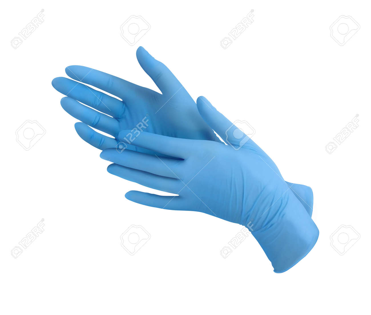 Guantes Médicos De Nitrilo.dos Guantes Quirúrgicos Azules Aislados Sobre Fondo Blanco Con Las Manos. Fabricación De Guantes De La Humana Lleva Un Guante De Doctor O Poniéndose Guantes