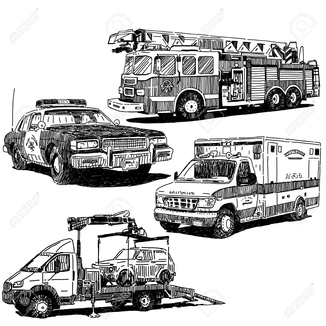 Fire truck, police car, ambulance and tow truck drawings set, sketch drawing style - 53071369 Fire truck, police car, ambulance and tow truck drawings set, sketch drawing style - 53071369