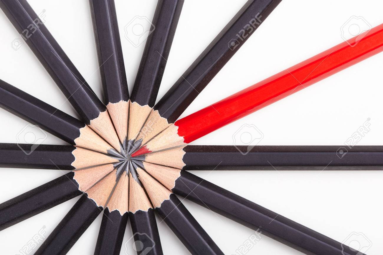Red pencil standing out from crowd of plenty identical black fellows on white table. Leadership, uniqueness, independence, initiative, strategy, dissent, think different, business success concept - 47107532 Red pencil standing out from crowd of plenty identical black fellows on white table. Leadership, uniqueness, independence, initiative, strategy, dissent, think different, business success concept - 47107532