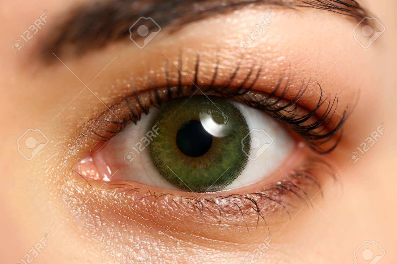 Female Left Emerald Green Coloured Eye Extreme Closeup. Low Light Technique  Oculist And Perfect Vision Contact Lens Correction Beauty Shadow Makeup  Cosmetics Mascara Concept Stock Photo, Picture and Royalty Free Image. Image, image size:1300x866