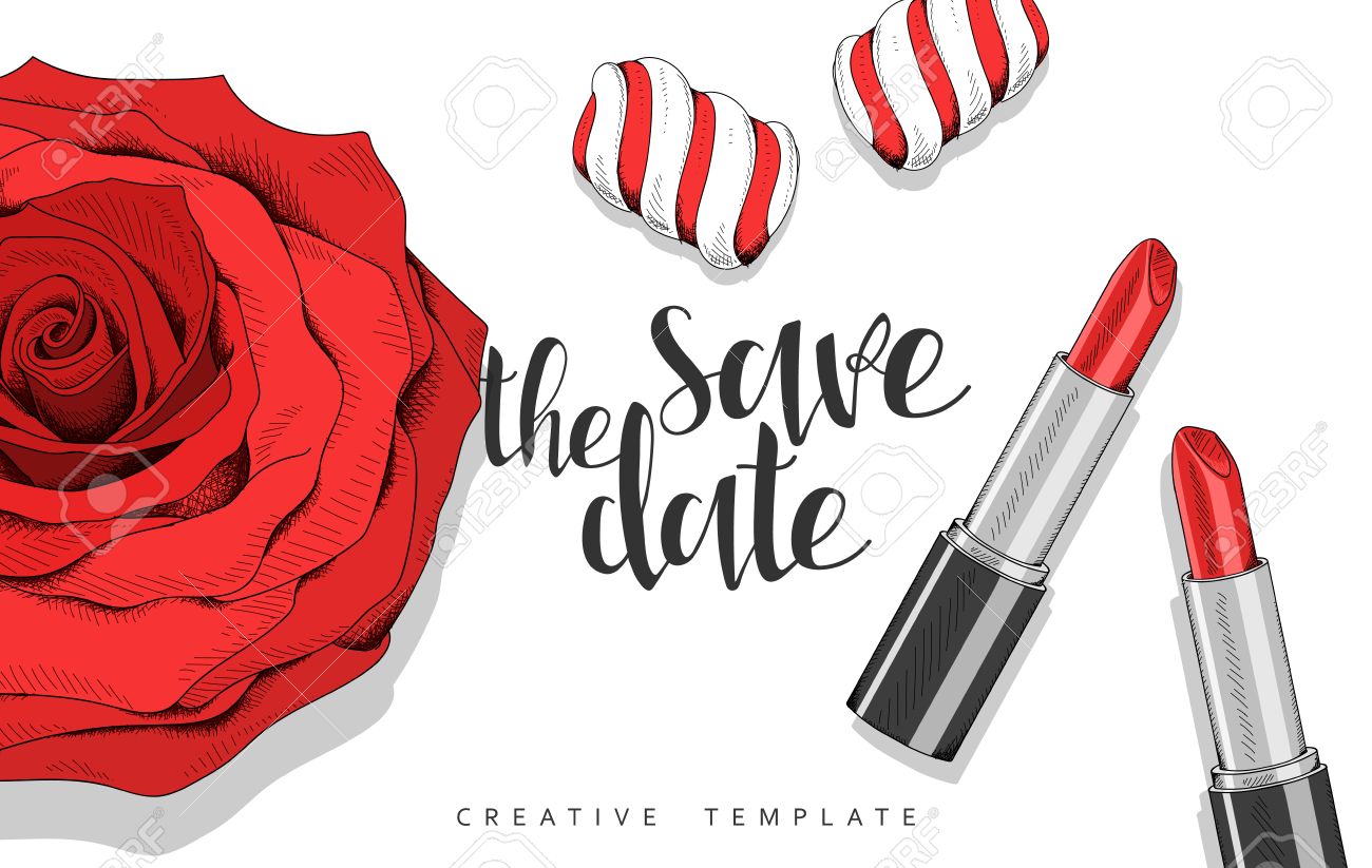 バラ 花びら スケッチでお菓子と美容の背景 赤のスタイリッシュな背景テンプレート グリーティング カード 招待状 結婚式のカードをデザインします 口紅 マシュマロ ローズとエレガントなデザインのイラスト素材 ベクタ Image