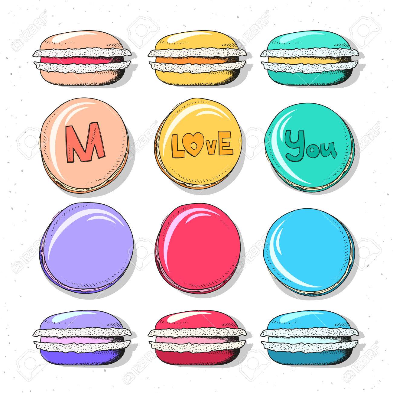 リアルなスケッチ マカロンを設定します デザインのお菓子 菓子 デザインを作成する手作りお菓子 子供のためのお菓子 明るいマカロンは スケッチ スタイルに設定します のイラスト素材 ベクタ Image