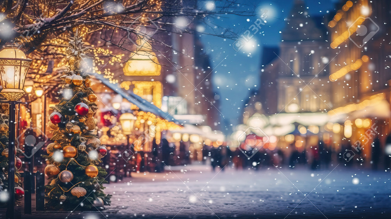 City Street Christmas Winter Blurred Background. Xmas Tree With