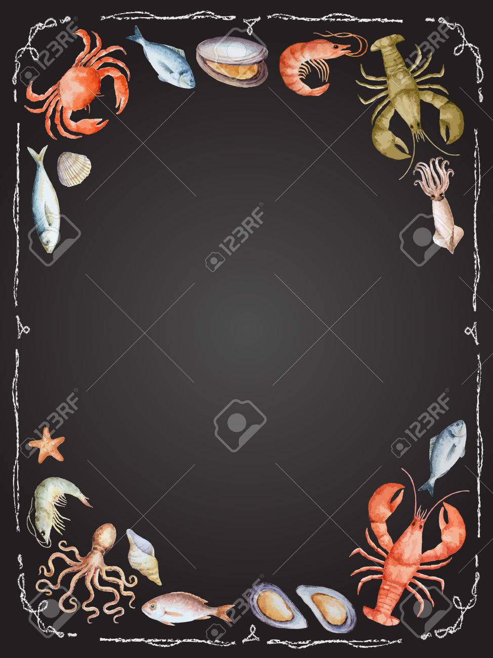 水彩はあなたのメニューやデザイン ベクトル イラストのチョーク ボードにロブスター カニ 魚 イカ タコ エビ 貝から魚介類のセット のイラスト素材 ベクタ Image 水彩はあなたのメニューやデザイン ベクトル イラストのチョーク ボードにロブスター カニ 魚 イカ タコ エビ 貝から魚介類のセット のイラスト素材 ベクタ Image