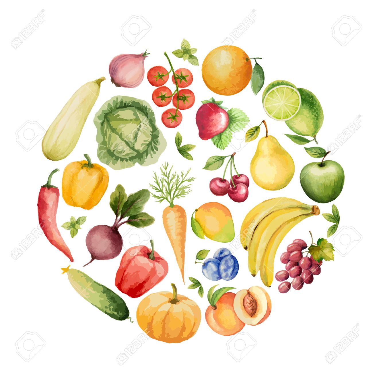 set of watercolor vegetables and fruits template for your design