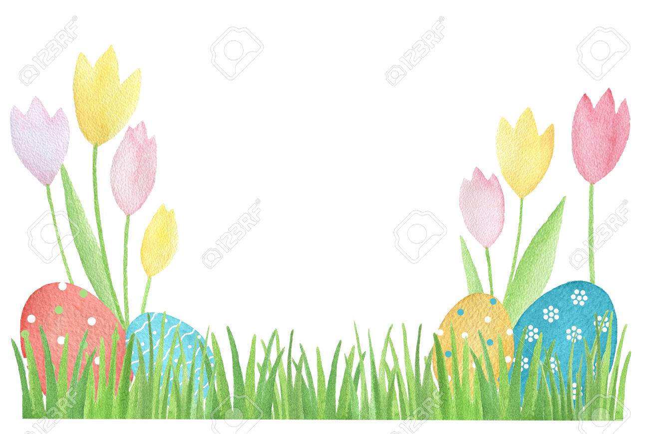watercolor easter card with colored eggs and flowers design stock design note cards