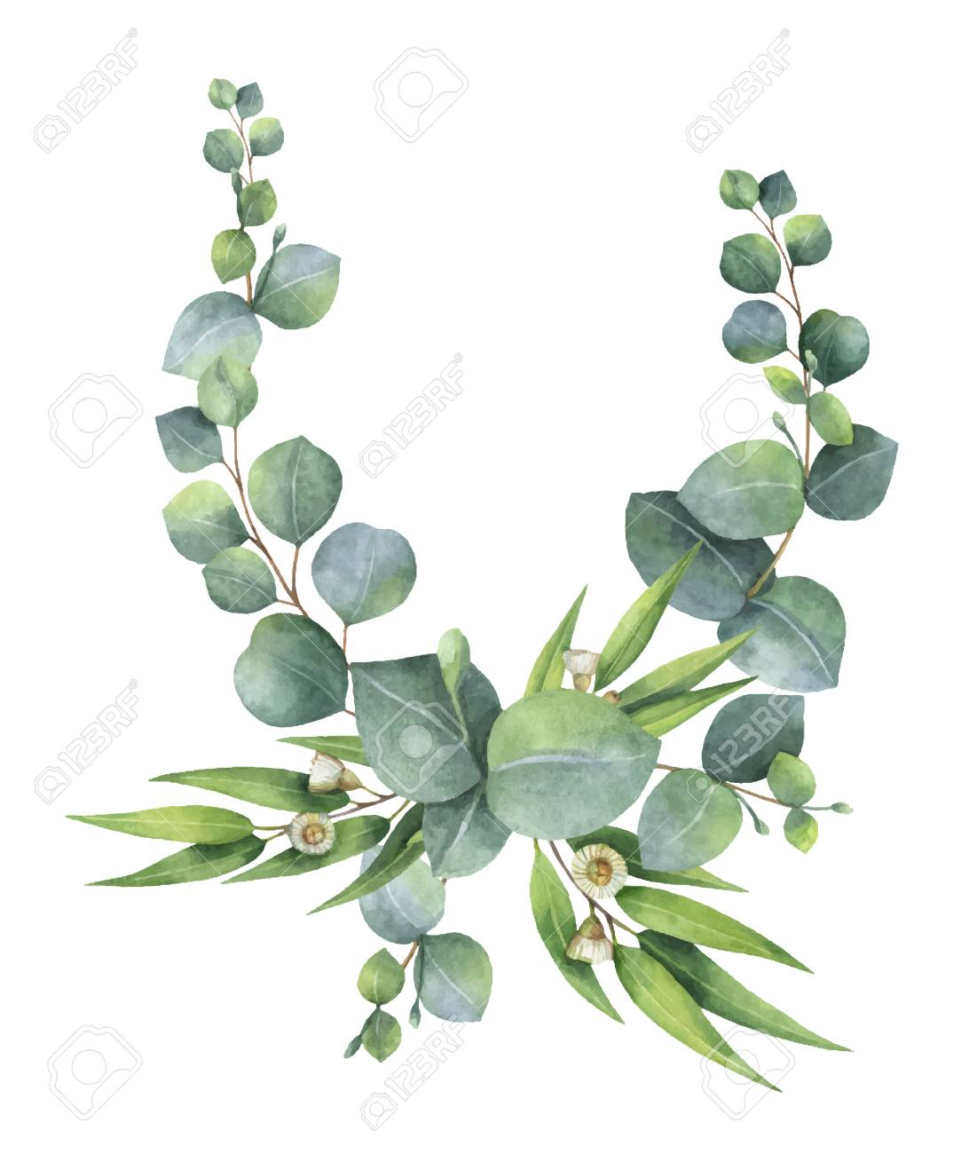 緑のユーカリの葉と枝を持つ水彩ベクターリース 招待状 結婚式やグリーティングカードのための春または夏の花 のイラスト素材 ベクタ Image