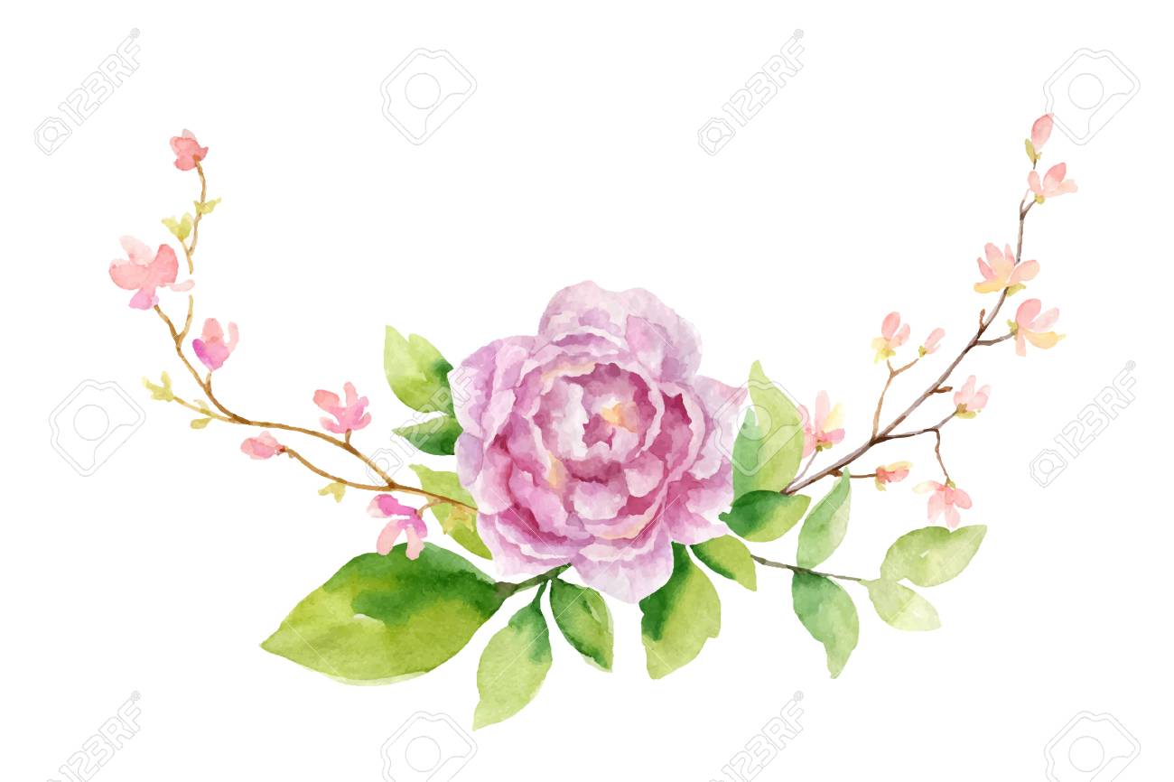 Watercolor vector hand painting illustration of peony flowers and green leaves. - 102796201 Watercolor vector hand painting illustration of peony flowers and green leaves. - 102796201