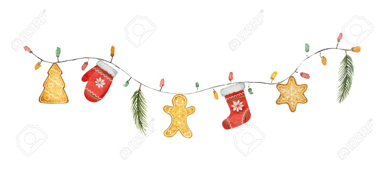 Watercolor vector Christmas garland with lights and gifts. Illustration for greeting cards and invitations isolated on white background. - 113998166 Watercolor vector Christmas garland with lights and gifts. Illustration for greeting cards and invitations isolated on white background. - 113998166