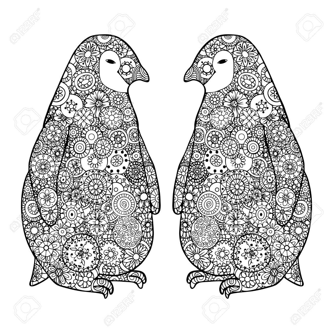 2 つのかわいい愛するペンギン。禅もつれベクトル イラスト。Zentangle
