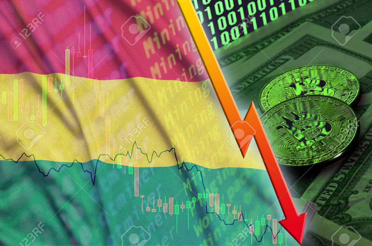ドル紙幣とバイナリコード表示に2ビットコインでボリビアのフラグと暗号通貨の下落傾向.暗号通貨マイニングにおける価格のビットコインと悪い変換の概念の写真素材・画像素材  Image 119188608