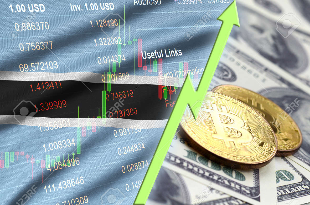 Bandera De Botswana Y Tendencia Creciente De Criptomonedas Con Dos Bitcoins  En Billetes De Dólar. Concepto De Aumento De Precio De Bitcoin Frente Al  Dólar Fotos, retratos, imágenes y fotografía de archivo