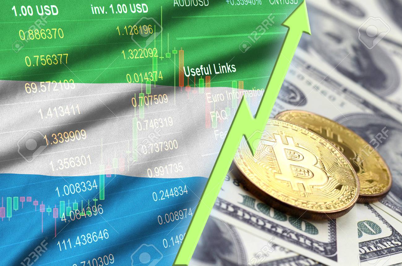 Bandera De Sierra Leona Y Tendencia Creciente De Criptomonedas Con Dos  Bitcoins En Billetes De Dólar. Concepto De Aumento De Precio De Bitcoin  Frente Al Dólar Fotos, retratos, imágenes y fotografía de