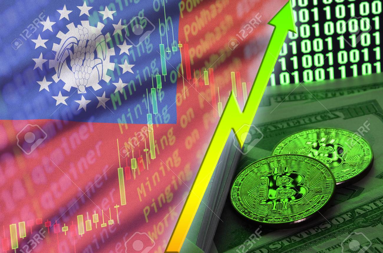 Bandera De Myanmar Y Tendencia Creciente De Criptomonedas Con Dos Bitcoins  En Billetes De Dólar Y Visualización De Código Binario. Concepto De  Aumentar El Precio De Bitcoin Y Alta Conversión En La
