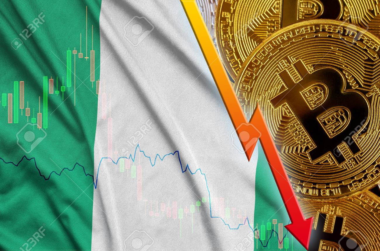 Nigeria Flag And Cryptocurrency Falling Trend With Many Golden!    - 