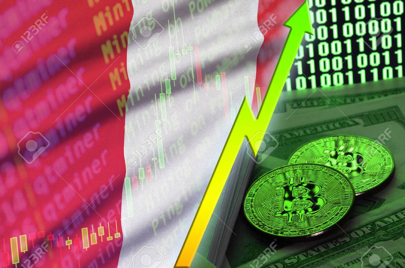 Bandera De Perú Y Tendencia Creciente De Criptomonedas Con Dos Bitcoins En  Billetes De Dólar Y Visualización De Código Binario. Concepto De Aumentar  El Precio De Bitcoin Y Alta Conversión En La