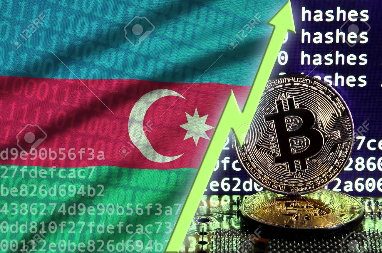 アゼルバイジャンの旗とビットコインマイニング画面の上昇する緑色の矢印と2つの物理的な黄金のビットコイン。暗号通貨マイニングにおける高変換の概念の写真素材・画像素材  Image 119208900