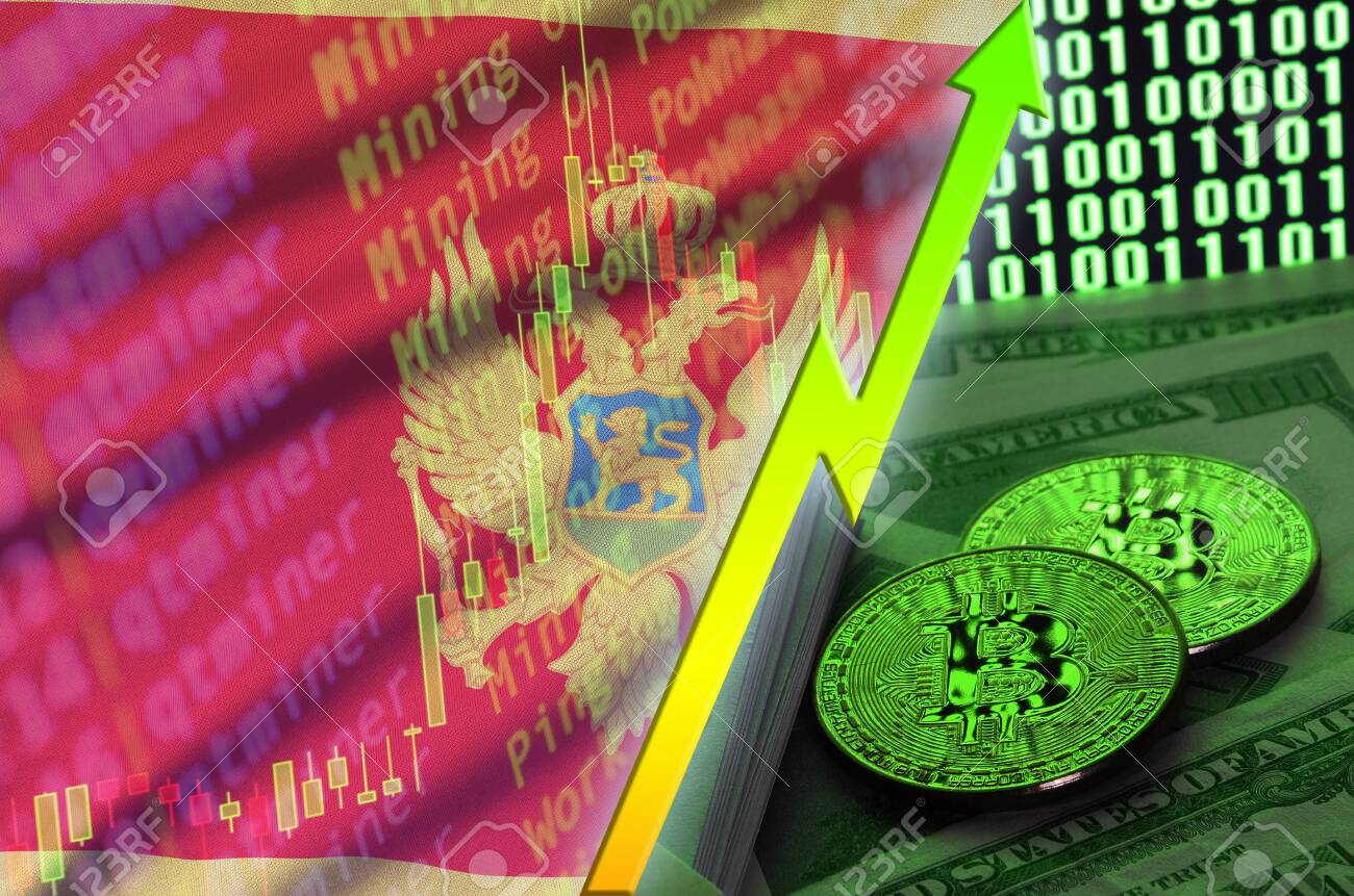 Bandera De Montenegro Y Tendencia Creciente De Criptomonedas Con Dos  Bitcoins En Billetes De Dólar Y Visualización De Código Binario. Concepto De  Aumento De Precio De Bitcoin Y Alta Conversión En Minería