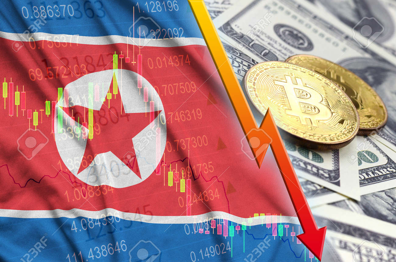 달러 지폐에 2개의 비트코인이 있는 북한 국기와 암호화폐 하락 추세. 달러 대비 가격 감가상각의 개념 로열티 무료 사진, 그림, 이미지  그리고 스톡포토그래피. Image 119263913
