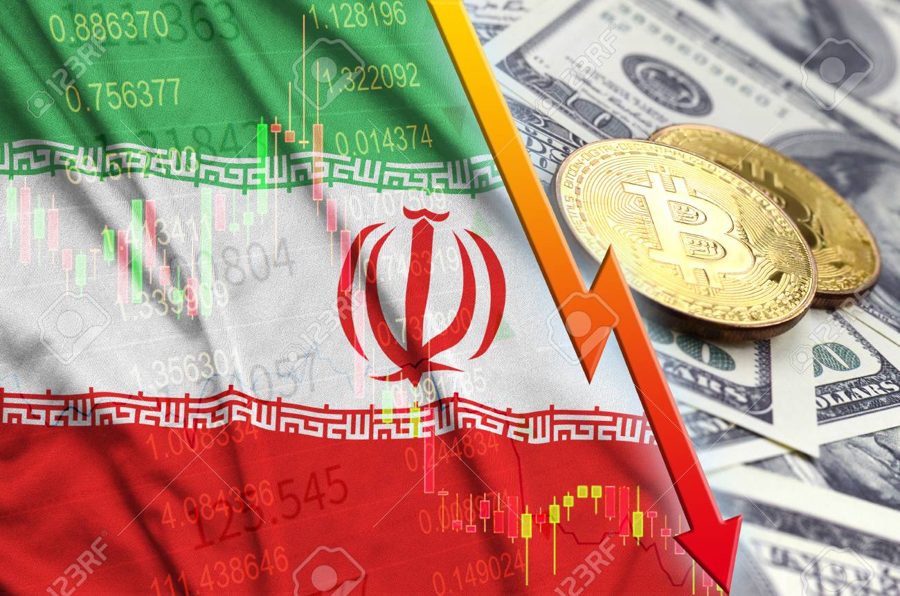 Iran Flag And Cryptocurrency Falling Trend With Two Bitcoins On Dollar  Bills. Concept Of Depreciation Bitcoin In Price Against The Dollar Stock  Photo, Picture and Royalty Free Image. Image 119265048.