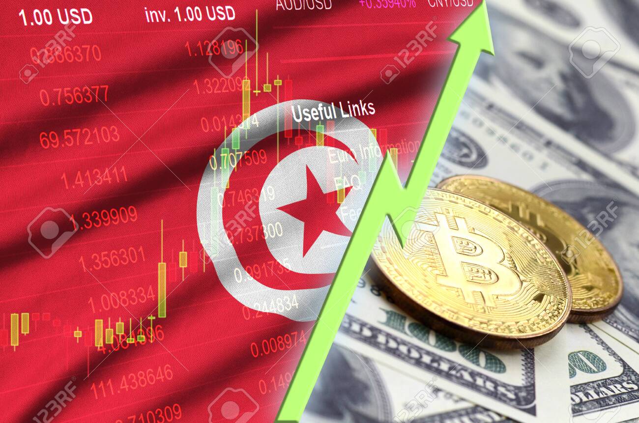 Bandera De Túnez Y Tendencia Creciente De Criptomonedas Con Dos Bitcoins En  Billetes De Dólar. Concepto De Aumento De Precio De Bitcoin Frente Al Dólar  Fotos, retratos, imágenes y fotografía de archivo