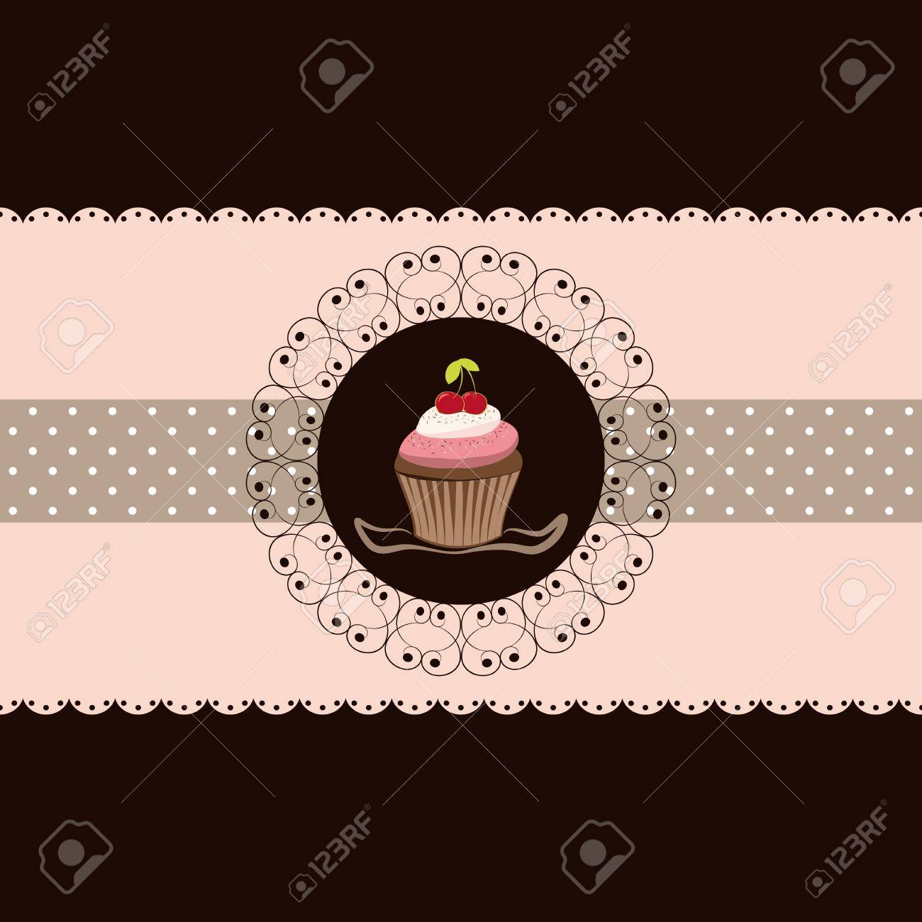 cherry cupcake invitation card pink brown background royalty free