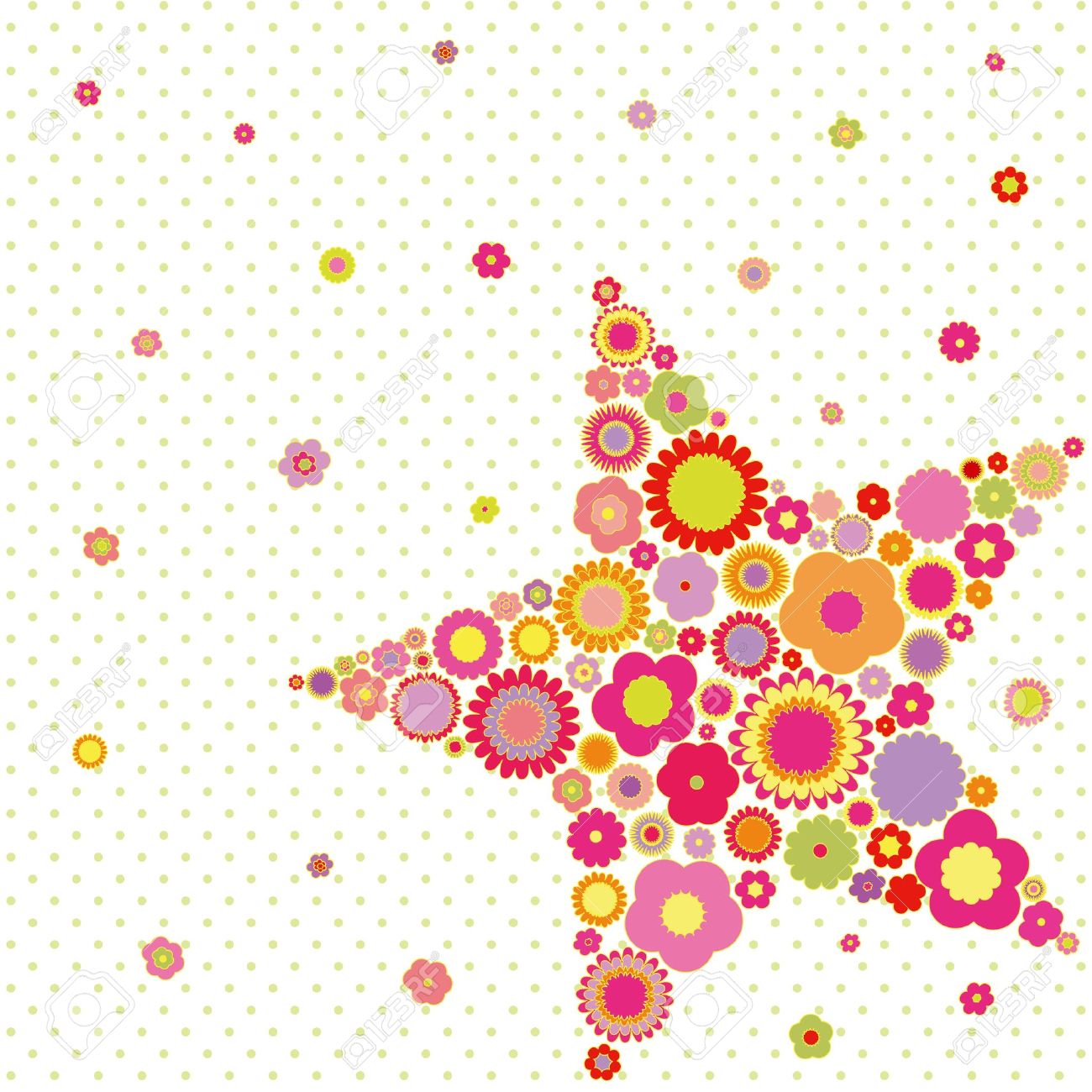 カラフルな春夏花水玉の背景に星の形のグリーティング カードのイラスト素材 ベクタ Image