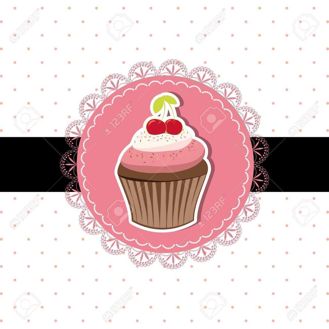 cherry cupcake invitation card on seamless pattern background