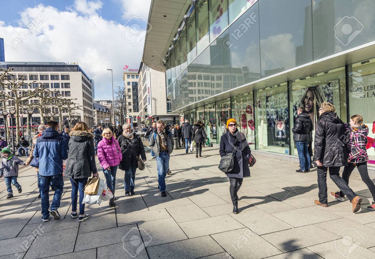 FRANKFURT, GERMANY - FEB 28, 2015: people walk along the Zeil in Midday in Frankfurt, Germany. Since the 19th century it is of the most famous and busiest shopping streets in Germany. - 44780347 FRANKFURT, GERMANY - FEB 28, 2015: people walk along the Zeil in Midday in Frankfurt, Germany. Since the 19th century it is of the most famous and busiest shopping streets in Germany. - 44780347