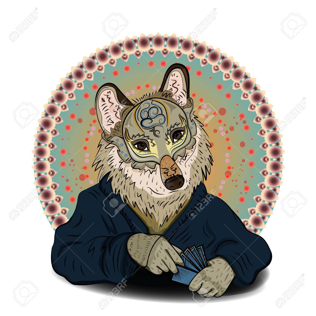 a game of cards a wolf in mask and gown holding a card in his