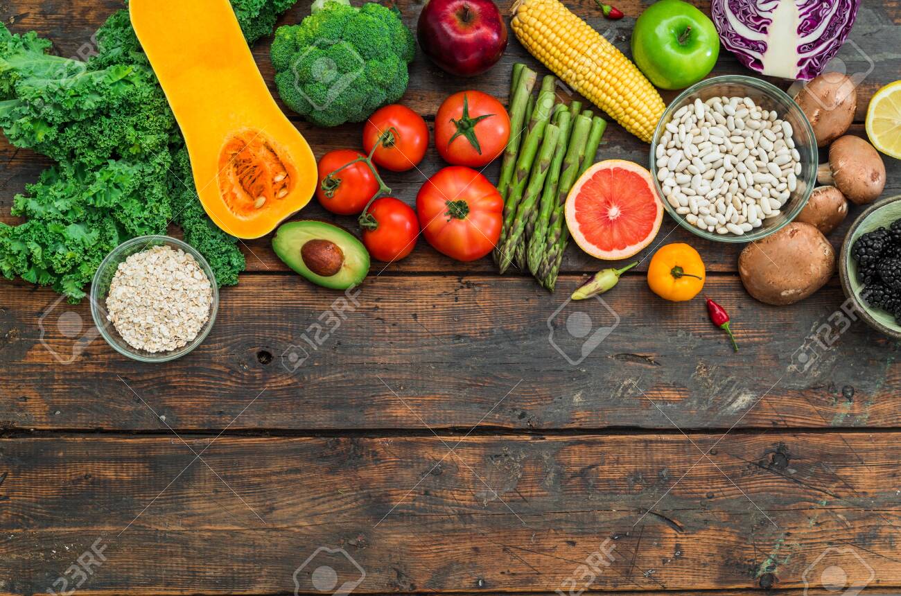 Fresh organic fruit and vegetables, white beans, oatmeal, and blackberries. - 134970969 Fresh organic fruit and vegetables, white beans, oatmeal, and blackberries. - 134970969