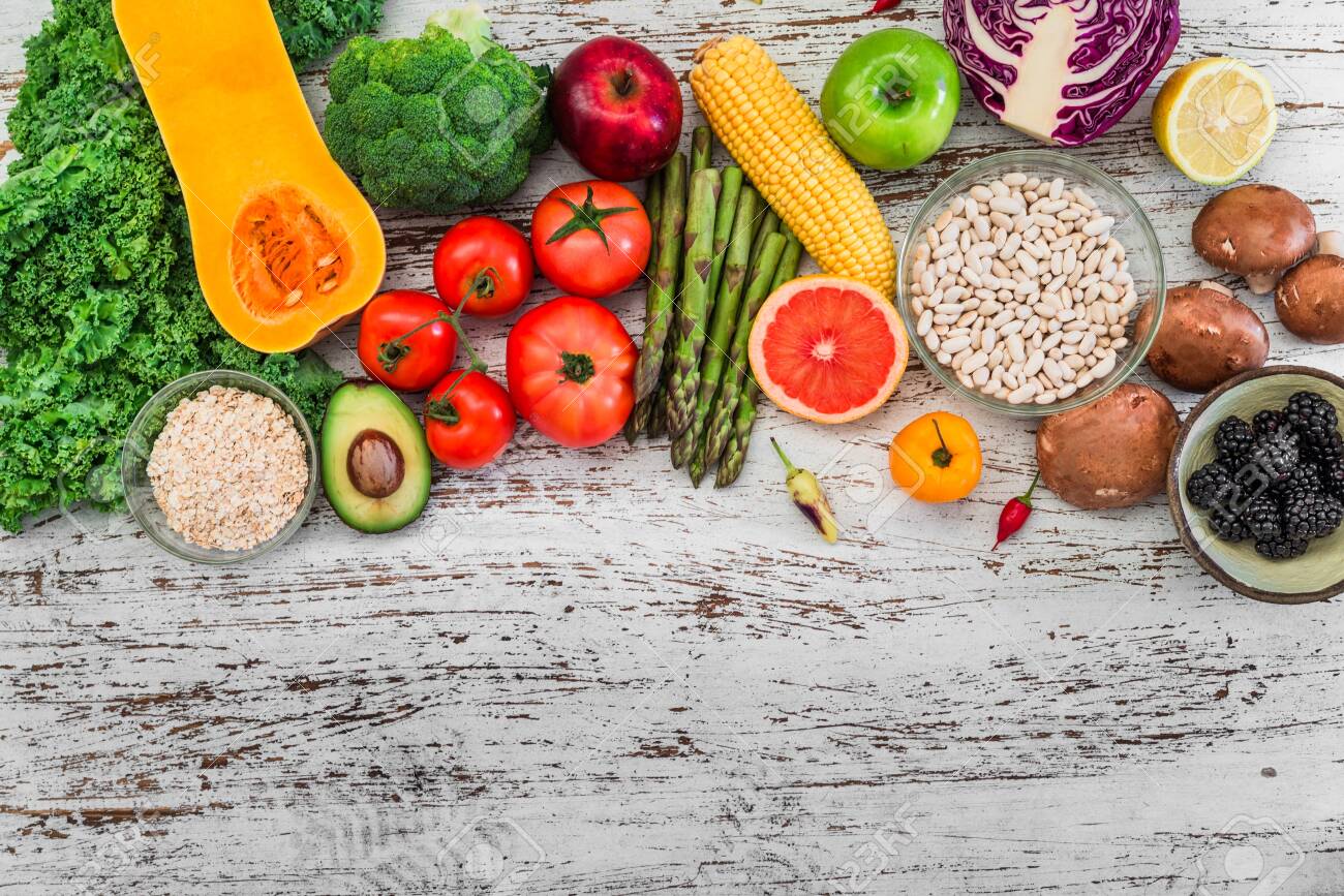 Fresh organic fruit and vegetables, white beans, oatmeal, and blackberries - 136017226 Fresh organic fruit and vegetables, white beans, oatmeal, and blackberries - 136017226