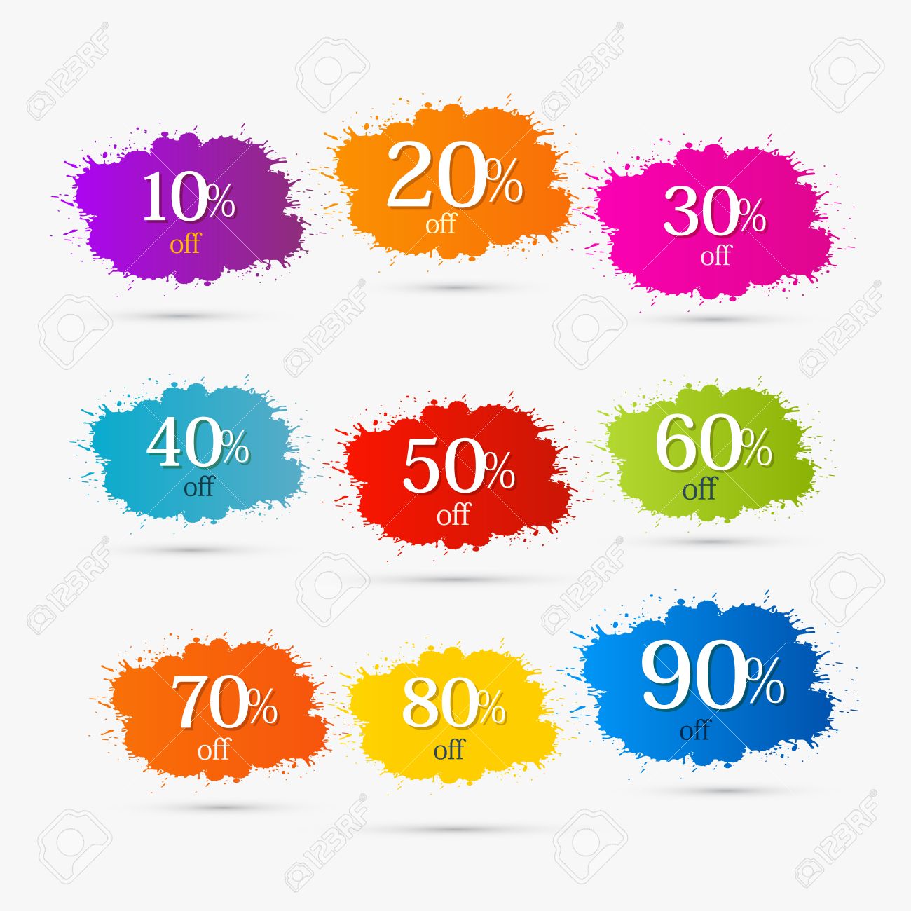 colorful discount labels stains splashes 10 20 30 40 50 60 70 80