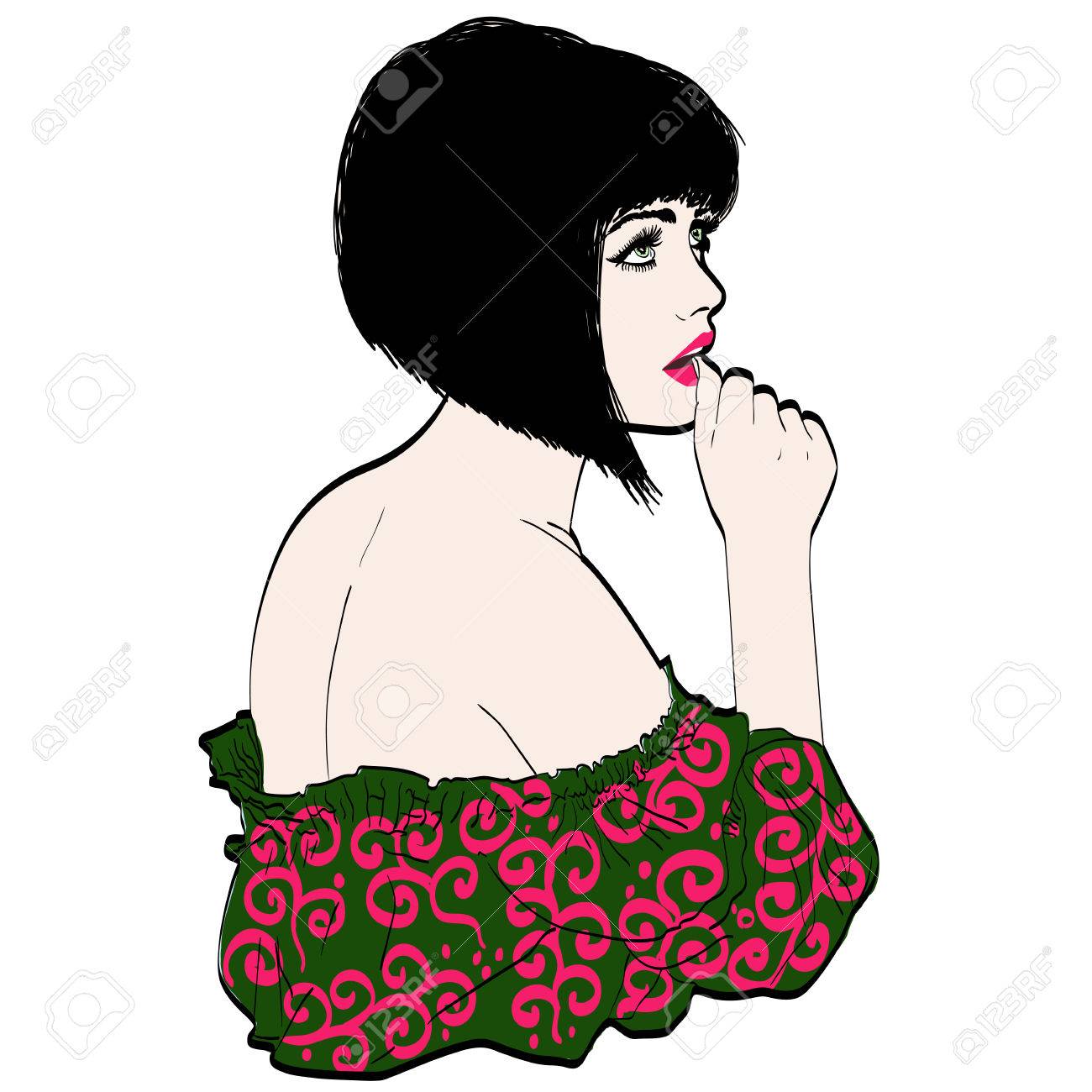 ベクトルのレトロなスタイルで スカートとブラウスを身に着けている女性の黒髪のイラスト ボブのヘアカット コピー スペース のイラスト素材 ベクタ Image