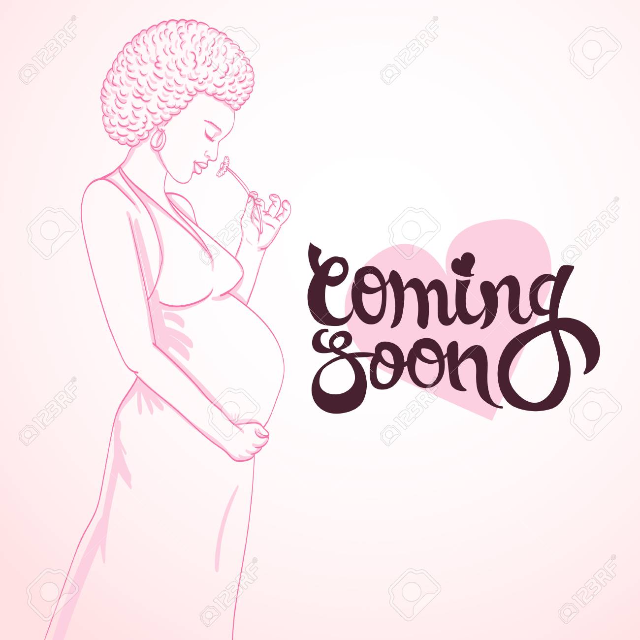 妊娠ドレスでアフリカ系アメリカ人の妊娠中の女性は 母性を用意しています 赤ちゃんの誕生を待っています のイラスト素材 ベクタ Image