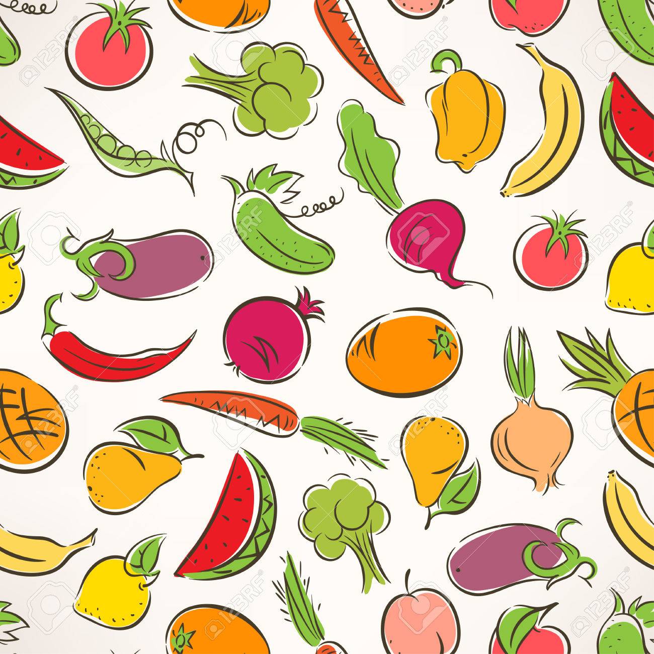 かわいいシームレスな様式化された果物と野菜の背景色のイラスト素材 ベクタ Image かわいいシームレスな様式化された果物と野菜の背景色のイラスト素材 ベクタ Image