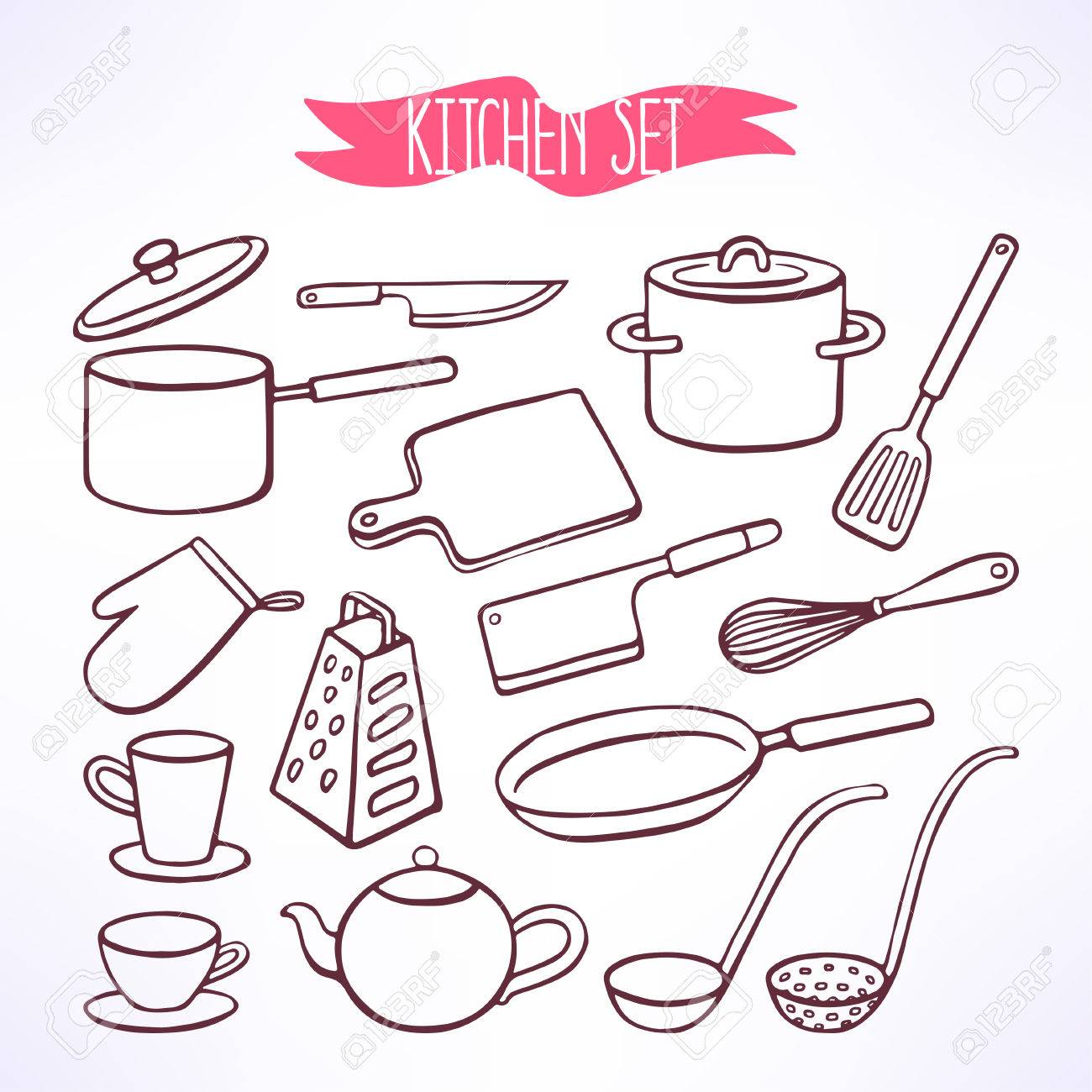 様々 な調理設備を設定します ポット カップ 急須 鍋 手描きイラスト のイラスト素材 ベクタ Image