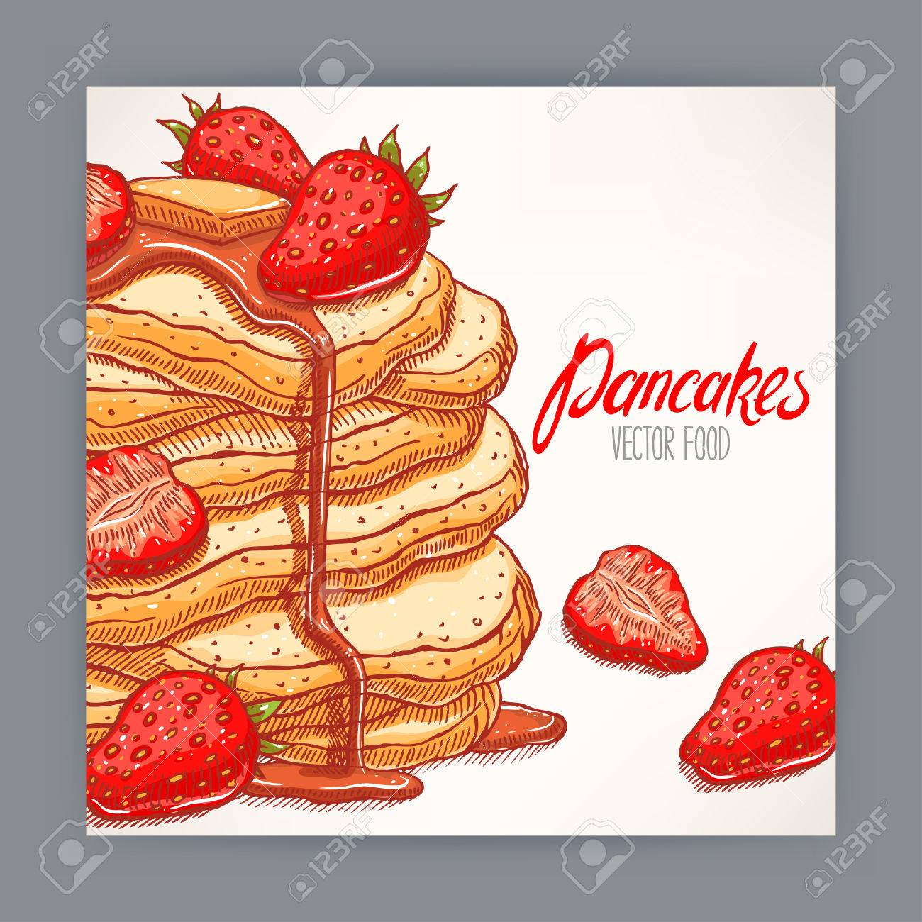 Cute Card Of Appetizing Pancakes With Strawberry And Syrup Hand Drawn Illustration Royalty Free Cliparts Vectors And Stock Illustration Image